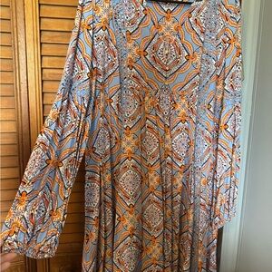 Crown & Ivy Vibrant Orange and Blue Long Sleeve Dress